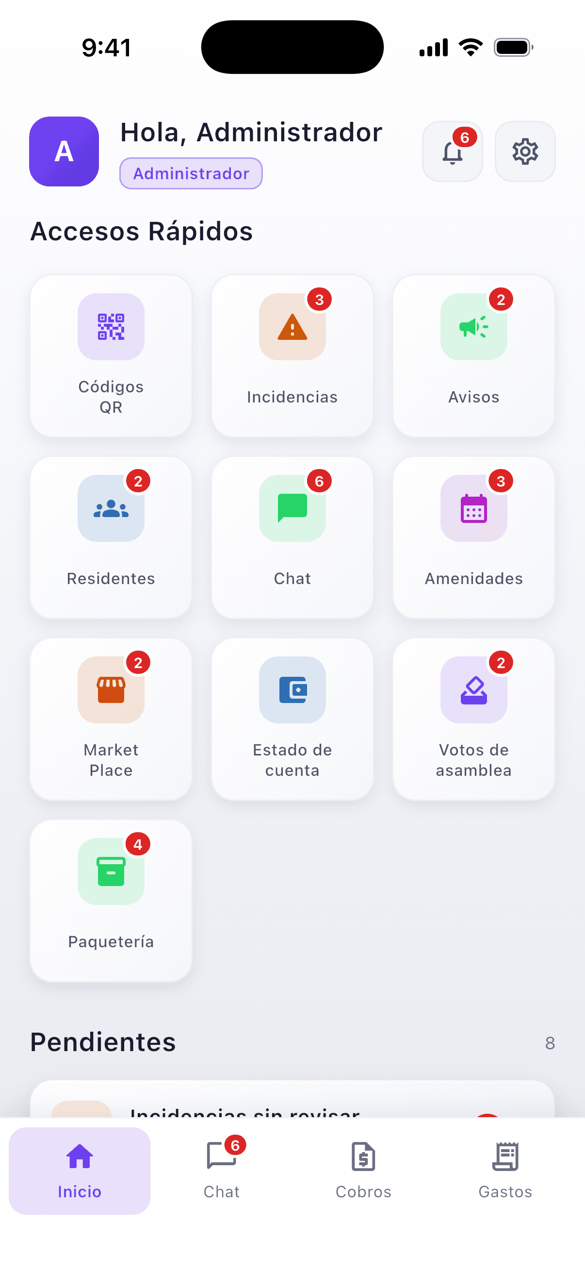 Pantalla de inicio del administrador en Domus: accesos rápidos a cobros, incidencias, avisos y residentes, con pendientes del día.